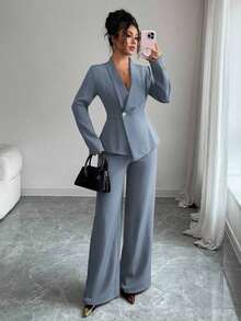 Conjunto de traje de mujer, tela de traje, cuello de solapa, manga larga, cintura ceñida con dobladillo asimétrico en línea A, decoración de botón de metal, sofisticado y elegante para la oficina, el transporte, el estilo callejero, el romanticismo francés, casual, vintage de Oriente Medio, té de la tarde, fiesta, Acción de Gracias, regreso a la escuela, primavera/otoño/invierno - Niebla azul - Ver 7