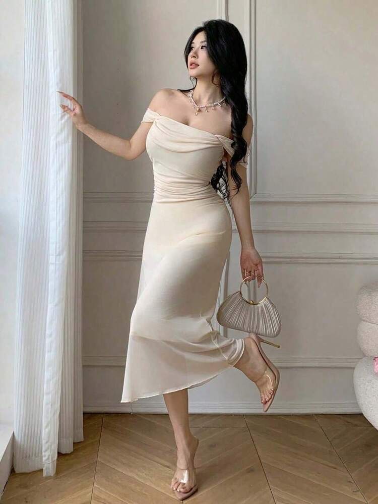 YHHCelisse Vestido elegante ajustado con hombros descubiertos y drapeado de unicolorYHH - Rosa - Añade 11