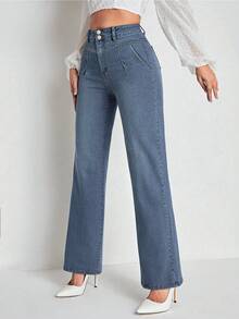 ALO FASHION Pantalones vaqueros largos de mezclilla de pierna ancha con efecto lavado y alta elasticidad para mujer, ideales para conjuntos de primavera y estilo bohemio. - azul real - Ver 5