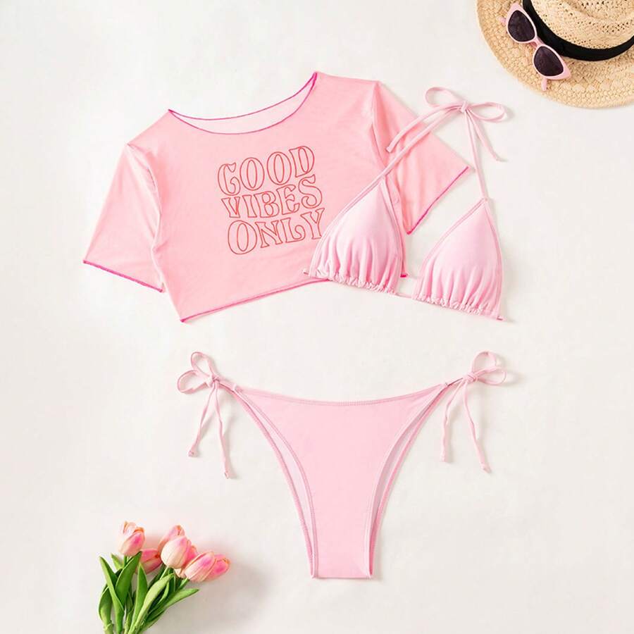 2026 New Letter Print Two-Piece Swimsuit Women's Bikini Three-Piece Set - Pink - View 1