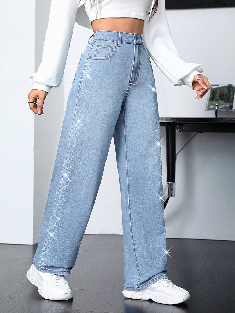 ALO FASHION Elegantes jeans de mezclilla de pierna ancha y talle alto para mujer, lavado claro con brillo por toda la prenda, tejido elástico y cómodo, perfectos para fiestas o uso casual. - azul real - Ver 1