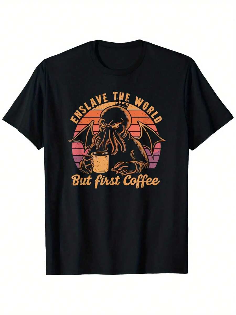 Camiseta para Amantes del Café con Diseño de Cthulhu Leyendo "COFFEE" - Camiseta Vintage de Lovecraft para Gamers y Clubes de Lectura, Tallas S-XXL, Camiseta Casual Lavable a Máquina para Comodidad en Todas las Temporadas (Negra) - Negro - Ver 1
