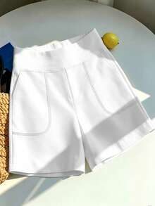Plus Size Women's Casual Elastic Waist Solid Color High Waist Shorts, Comfortable Soft Fabric Shorts For Summer Vacation Sports - White - View 8