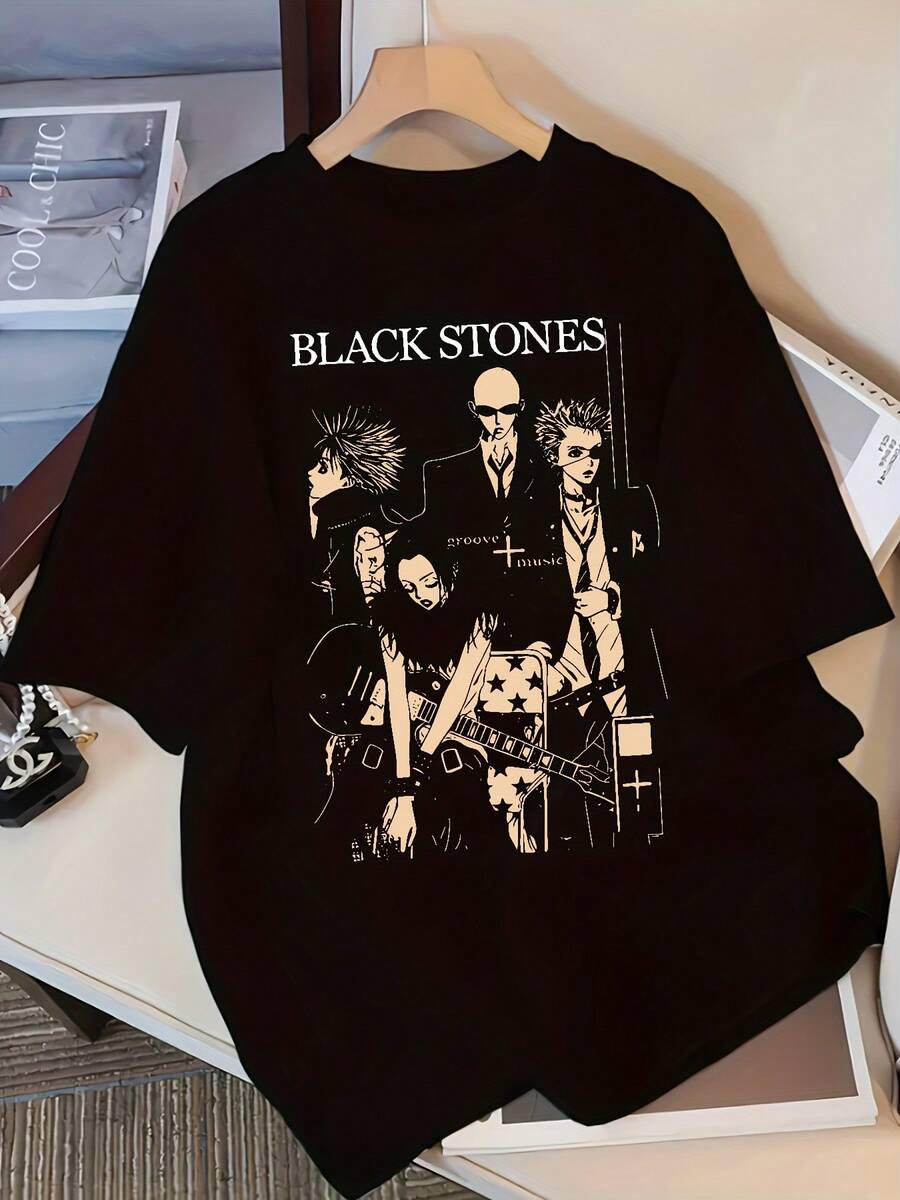 Camiseta Básica Mexicana Estilo Y2K con Estampado de Anime y Diseño de Piedras Negras - Corte Holgado, Mangas Cortas, Cuello Redondo, Top Elástico para Mujer - Ropa Casual de Verano, Camiseta Moderna con Estampado Y2K, Camiseta de Anime - Nuevo Lanzamiento - Negro - Ver 1