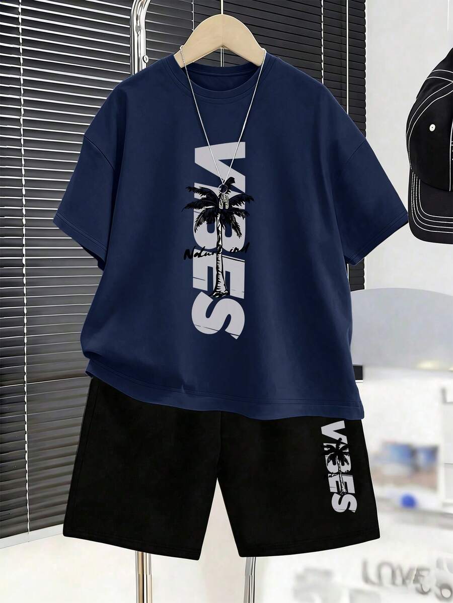 Teen Boys Summer Comfortable Casual Set - Crew Neck T-Shirt + Shorts, Simple Letter & Coconut Tree Print - Navy Blue - View 1