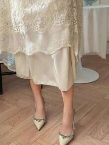 Vestido largo plisado de unicolor elegante con bordado para invitada de boda, vestido de verano - Beis - Ver 8