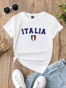 blusas casuales de algodón con estampado "Italia" y bandera, playera blanca con estilo deportivo y moderno, ideal para looks casuales en 2026 - Blanco - Ver 3