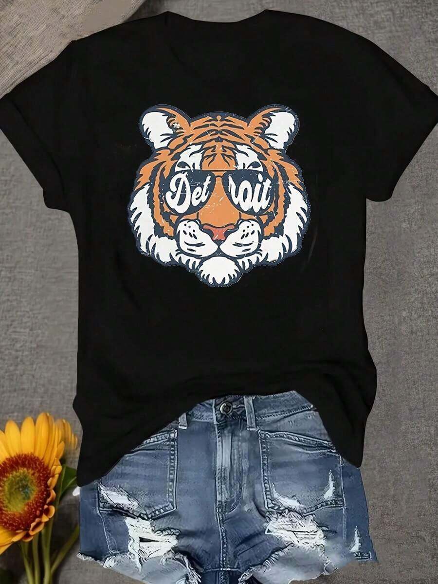 Cute Unisex Premium Casual T-Shirts [Retro Detroit Tiger T-Shirt] Women's T-Shirt With Retro Detroit Tiger Mascot Graphic Print | Nostalgic Urban Pride, Comfortable In All Seasons, Machine Washable T-Shirt, Cute And Casual Summer Graphic Tees For Women - 黑色 - 查看 1