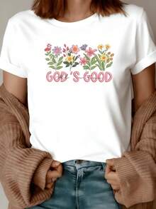 Flores coloridas que simbolizan esperanza alegría y fe rodean un mensaje inspirador sobre la bondad y la conexión espiritual camiseta de mujer casual cómoda y moderna para uso diario - Blanco - Ver 1