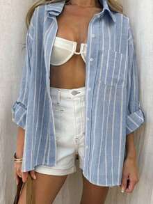 Áo sơ mi linen kẻ sọc cổ bẻ cài cúc tay dài, kiểu dáng thường ngày, đa năng, bộ sưu tập thu mới, trang phục thu đông dành cho nữ, áo sơ mi kẻ sọc mùa xuân. - Màu xanh lam - Xem 6