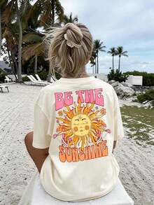 Camiseta de manga corta talla grande Boho Be The Sunshine con estampado gráfico, cuello redondo, longitud regular, alta elasticidad, estilo casual-vintage urbano, unisex, holgada, de al - Albaricoque - Ver 4