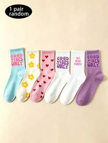1/3/5/6 Pairs Women Letter & Flower Mid-Calf Socks, New Spring/Autumn High Elasticity Casual Tube Socks, Comfortable Soft Student Socks, Street Style Ladies Socks - Multicolor - View 12
