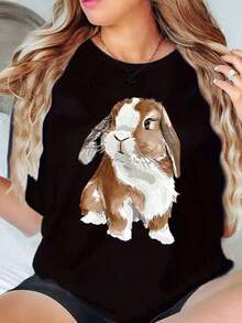 Women's Clothing: Women's T-Shirt With Rabbit Print, Casual Loose Fit, For Everyday Wear And Comfort At Home, Women's Shirts - 黑色 - 查看 6