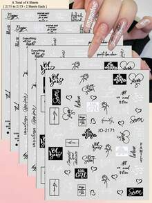 3/6 Sheets 3D Letter Nail Stickers Black White Word Text Nail Decals Self Adhesive English Typography DIY Nail Art Decor - Black and White - View 10