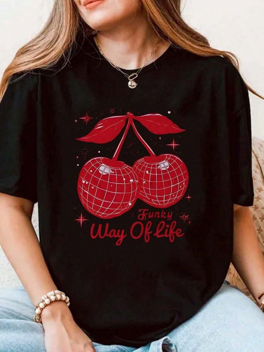 Camiseta de manga corta para mujer con estampado de bola de discoteca y cerezas, diseño gráfico Funky Way Of Life, top casual de verano, tela cómoda, perfecta como regalo. - Negro - Ver 1