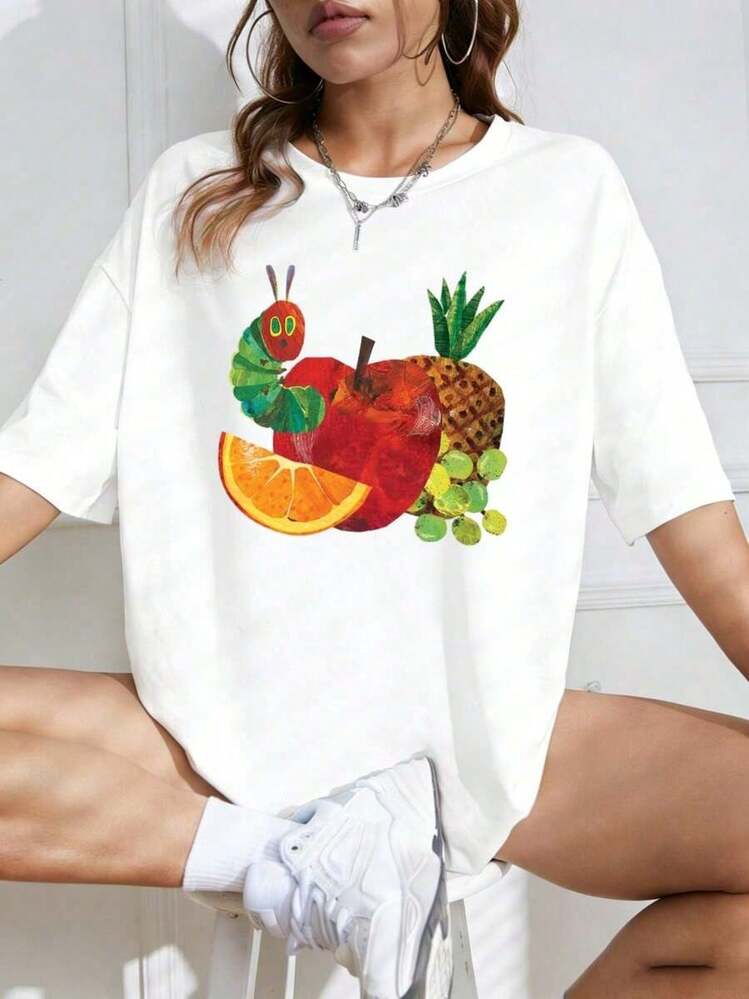 Women's Clothing, Adorable Hungry Caterpillar Print, Artistic Fruit Design, Perfect For Teachers And Children, Casual Short Sleeve T-Shirt 100% Cotton 220g, Women's Graphic Tees, Tops, Summer Sets, Suitable As A Gift. Women's T-Shirt. Blouses>Elegant. Boho Chic, Soft, Breathable And Comfortable Women's Top, Ideal For Spring, Summer And Autumn, Perfect For Vacation, Travel And Everyday Wear. - 白色 - 查看 1