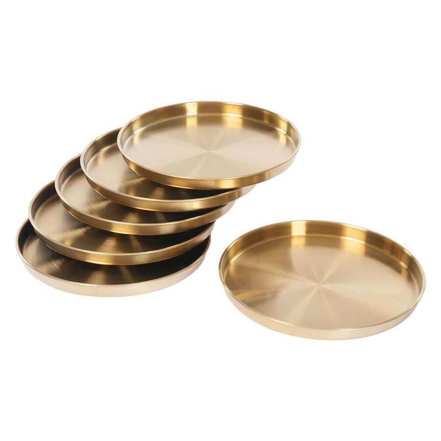Gold Round Serving Trays Set Of 6,201 Stainless Steel Polished Brushed Finish,Raised Rolled Edge Flat Base Design,Stackable Dishwasher Secure Multipurpose Tray For Food Jewelry Cosmetic Home Bar Decor - View 1
