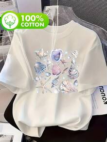 Camiseta 100% estampada con diseño de conchas y estrellas de mar, de manga corta y cuello redondo, estilo casual, adecuada para verano y primavera, ropa de mujer. 180g 100% algodón. - Blanco - Ver 12