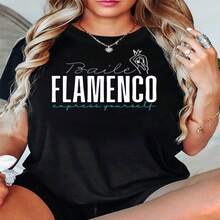Women's Casual Cotton Short Sleeve Flamenco Graphic T-Shirt, High Stretch Round Neck Regular Fit Top For Summer And Fall Fashion - 黑色 - 查看 1