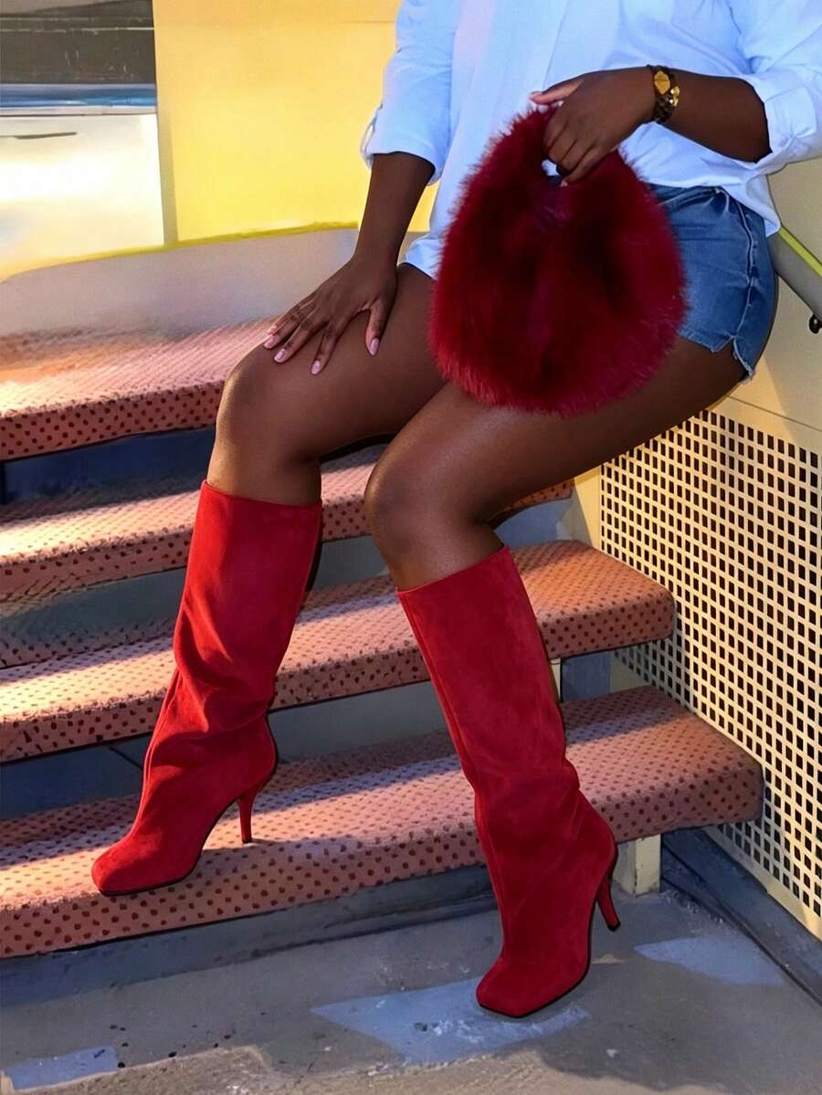 Women's Knee High Boots Wide Calf Square Toe Stiletto Heels Tall Boots Pull On Kitten High Heel Long Fashion Casual Cute Y2K Booties - 紅色 - 查看 1