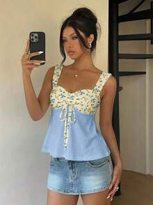 tirantes con cordón blanca casual para mujer, top para exteriores, vacaciones, lindo top de verano - Multicolor - Ver 2