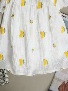 Blusa corta casual de algodón 100% con bordado 3D, cuello cuadrado con volantes en las mangas, camisa floral para uso en tiempo libre y vacaciones, verano - Blanco - Ver 5