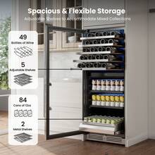 Yeego 24 Inch Wine Fridge – 34°F-65°F Wine And Beverage Cooler, 304 Stainless Steel Glass Door Lock, Temp Memory Blue & White LED Built-In Fridge With Adjustable Shelves (112 Can+40 Bottle)(Left-Opening Door) - US A Type Plug(110-127V) - View 7