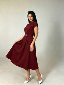 Vestido casual de mujer de cuello redondo y manga corta, vestido para mujer, vestido liso, vestido casual para el día a día, suave y cómodo. - Burdeos - Ver 2