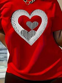 New Women's Short Sleeve T-Shirt With Round Neck Design, Artistic Heart Print, Versatile, Comfortable And Casual For Everyday Wear - Red - View 1