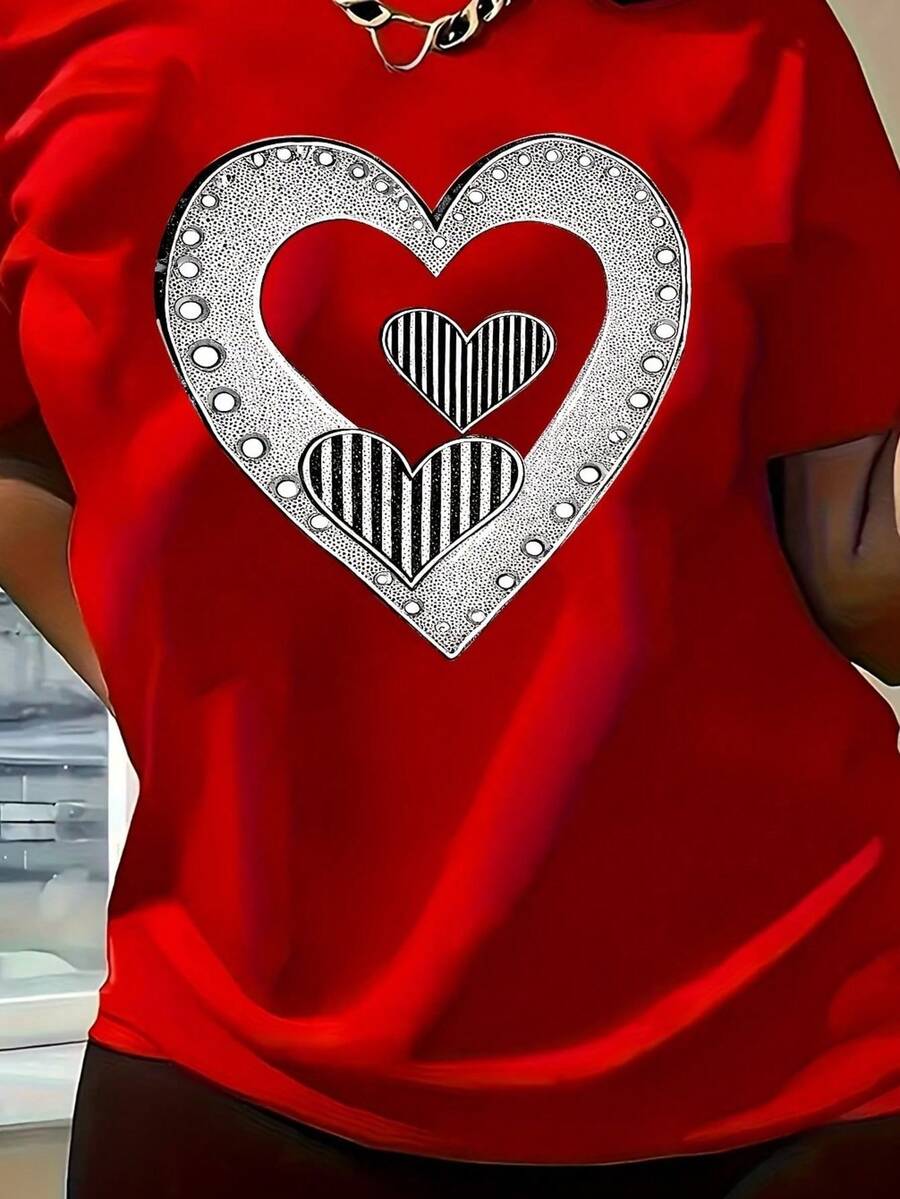 New Women's Short Sleeve T-Shirt With Round Neck Design, Artistic Heart Print, Versatile, Comfortable And Casual For Everyday Wear - Red - View 1
