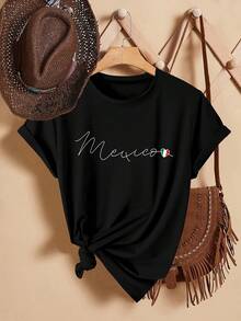 Short-Sleeved T-Shirt With Round Neck, Mexican Style With Mexican Flag Print And Lettering, Vintage Style For Women, Casual, Sporty And Fitness, Suitable For Spring, Summer, Autumn And Winter, For All Seasons In The Gym. - 黑色 - 查看 6
