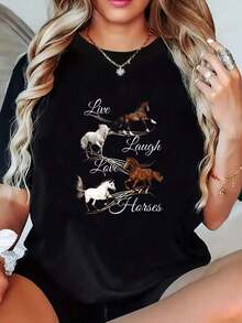 1pc Women's Plus Size T-Shirt - Live Laugh Love Horse Design In White And Brown - Round Neck, Machine Washable, Fun Casual Clothing For Horse Lovers, Horse Graphic Print Blouse, Plus Size, Durable 100% Cotton Construction - 黑色 - 查看 7