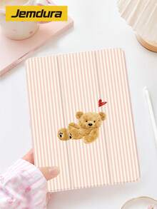 极简粉黄条纹泰迪熊图案平板电脑保护套，三折支架保护壳，兼容 iPad 10.2 英寸、iPad Pro 2021/2020、第九/十代 (A16)、11 英寸、第十一代 2025、Galaxy Tab A8 10.5 英寸 2022、Matepad 10.4/Tab，防摔，带笔槽，支持睡眠/唤醒功能，送给孩子/家人的理想礼物 - 彩色 - 查看 3