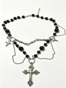 1pc Hip-Hop Retro Star Cross Bag Chain, Geometric Beaded Pendant Charm, Fashion Accessory | Charming Accessory | Durable Metal Chain - Multicolor - View 4