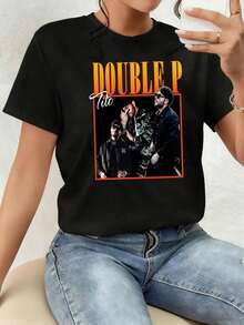 Artistic Image Showcasing The Energy Of A Musical Group With Bright Typography In Orange Tones And A Dark Background, Symbolizing Power, Unity, And Passion For Music. Women's 100% Cotton T-Shirt, Comfortable With A Modern Cut, Ideal For Everyday Wear And Expressing Urban Style. Comfortable Clothing. - 黑色 - 查看 1