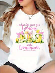 Comfortable Print. Women's V2K Style Short-Sleeve T-Shirt With A Lemonade Print. Casual Summer T-Shirt With A Round Neck, Suitable For Everyday Wear, Family Gatherings, And Travel, Featuring Fun Prints And A Comfortable, Loose Fit. - 黑色 - 查看 7