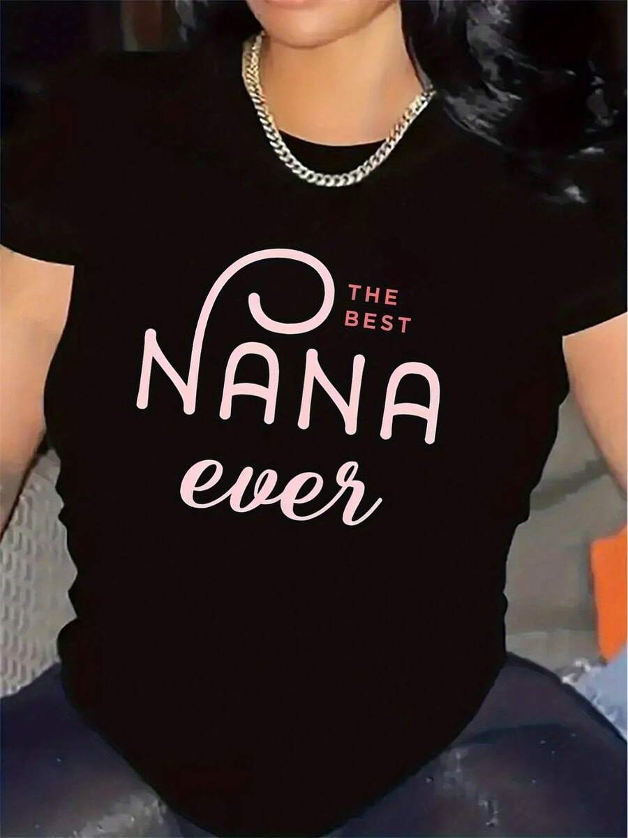 Comfortable Print. "Best Grandma" T-Shirt | Ideal For Lounging, Durable And Comfortable, Soft Fabric, Perfect Gift For Family Gatherings, Lightweight Design, And Fashionable Everyday Top, Crew Neck, Medium Stretch Fabric. Simple And Casual Summer Top. - 黑色 - 查看 1