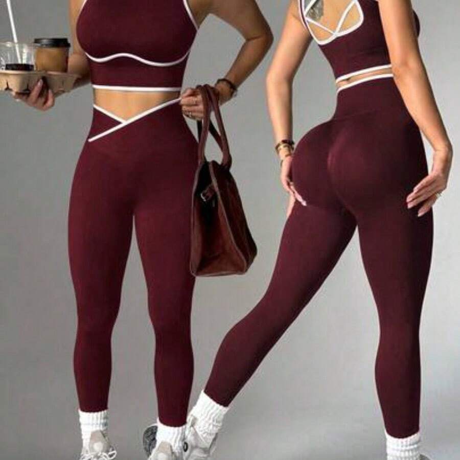 Dewbera Contrast Trim Hollow Back Camisole & Leggings Sports Suit - Marrón - Ver 1