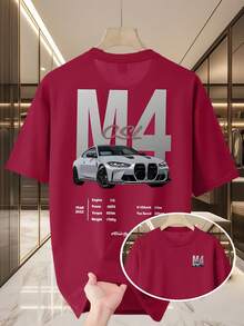 Men's Casual Summer T-Shirt, New Collection, Round Neck, Short Sleeve, Knit Fabric, Cool And Comfortable, Double-Sided "M10.16cm" Print On Front And Back, Ideal For Outdoor Activities, Printed Summer T-Shirt For Men - 鮮紅色 - 查看 6
