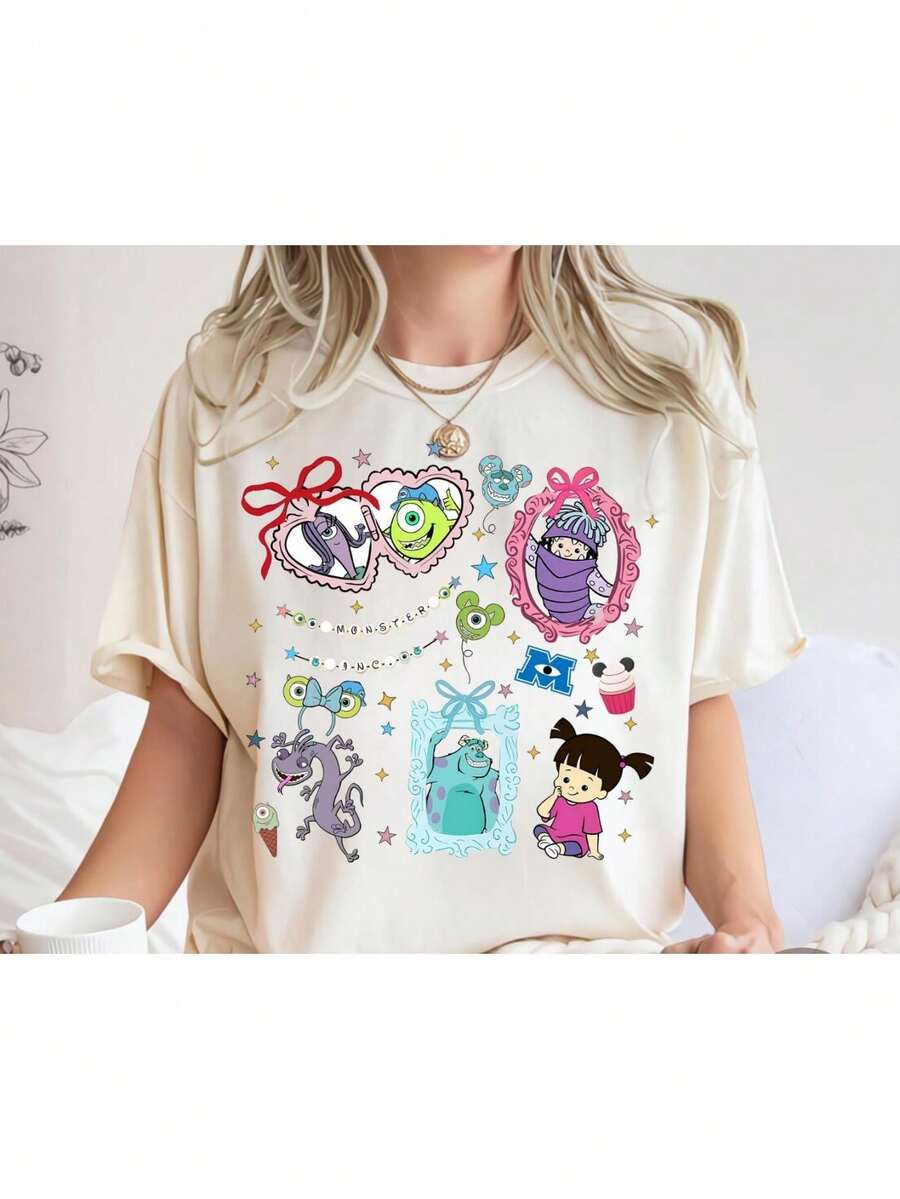 This Adorable Monsters Inc. T-Shirt For Women Is Made Of 100% Cotton. It's A Great Choice For Summer, Offering A Relaxed And Stylish Look. The Lightweight 180g White T-Shirt Is Available In Sizes S To XXL. - 白色 - 查看 1