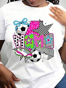 Women's Cotton T-Shirts, "Soccer Mom" T-Shirt For Women, Fun Gift For Soccer Mom, Colorful Design With Soccer Ball And Cleats, Pink And Printed Letters, Sporty Outfit For Mom For Game Day Or Mother's Day, Basic Women's Blouses. - 白色 - 查看 2