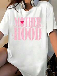 Women's Pink Heart Print T-Shirt, Casual Summer Style, Mother's Day Gift Idea, Soft Cotton Loose Fit T-Shirt - 白色 - 查看 1