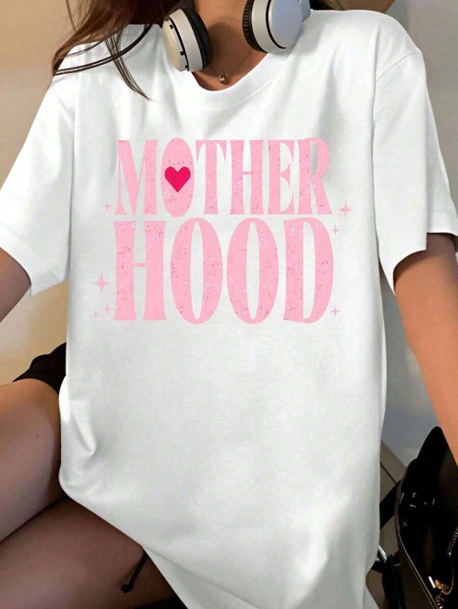 Women's Pink Heart Print T-Shirt, Casual Summer Style, Mother's Day Gift Idea, Soft Cotton Loose Fit T-Shirt - 白色 - 查看 1