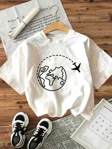 Short-Sleeve Cotton T-Shirt With Round Neck And Global Airplane Flight Print, Simple And Versatile Design - 白色 - 查看 7