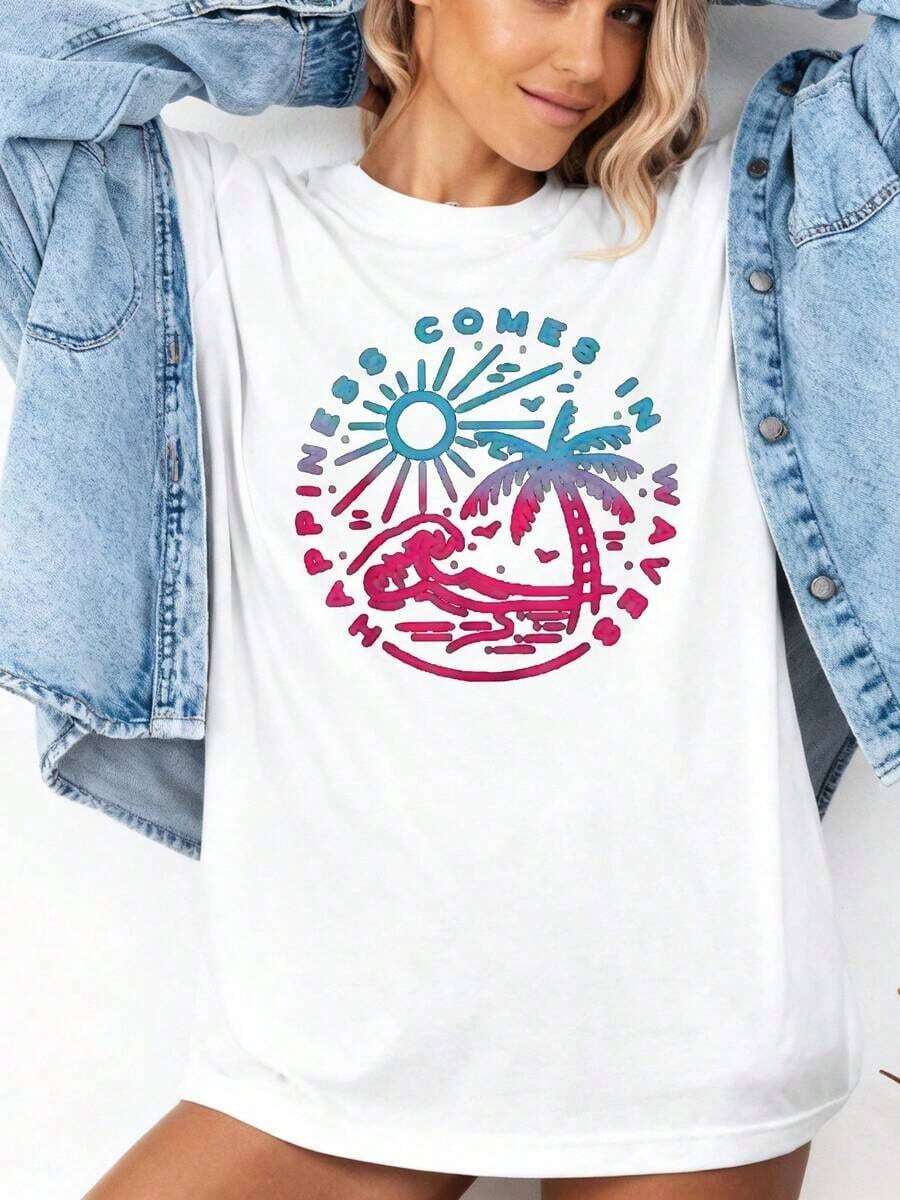 Funny 100% Cotton T-Shirts For Women Happine-2Pure-Cotton - White 1 - View 1