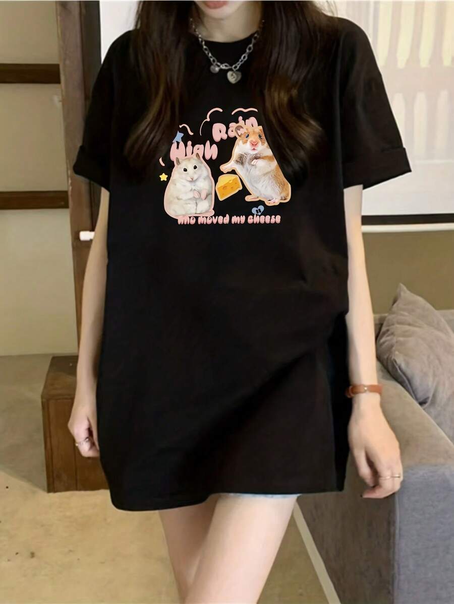 Women's Cotton T-Shirts With Round Neck, Casual Short Sleeve, Unique Design Print, New Summer Collection, Loose Fit, Slimming Top For Students, Simple T-Shirt For Everyday Wear. - 黑色 - 查看 1