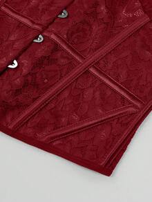 Elegant Vintage Solid Color Petal Sleeve Lace Waist Top, Heart Neckline Lace Panel Front Button Closure, Suitable For Wedding Season & Summer Vacation - Burgundy - View 6