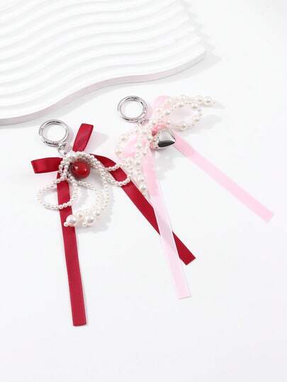 1pc French Elegant Pearl Ribbon Keychain, Dual-Color Satin Bow Design, Pearl Bow + Heart Pendant, Versatile Bag Accessory