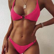 Women's Two-Piece Swimsuit, Sexy Solid Color Bikini - 淺紅 - 查看 3