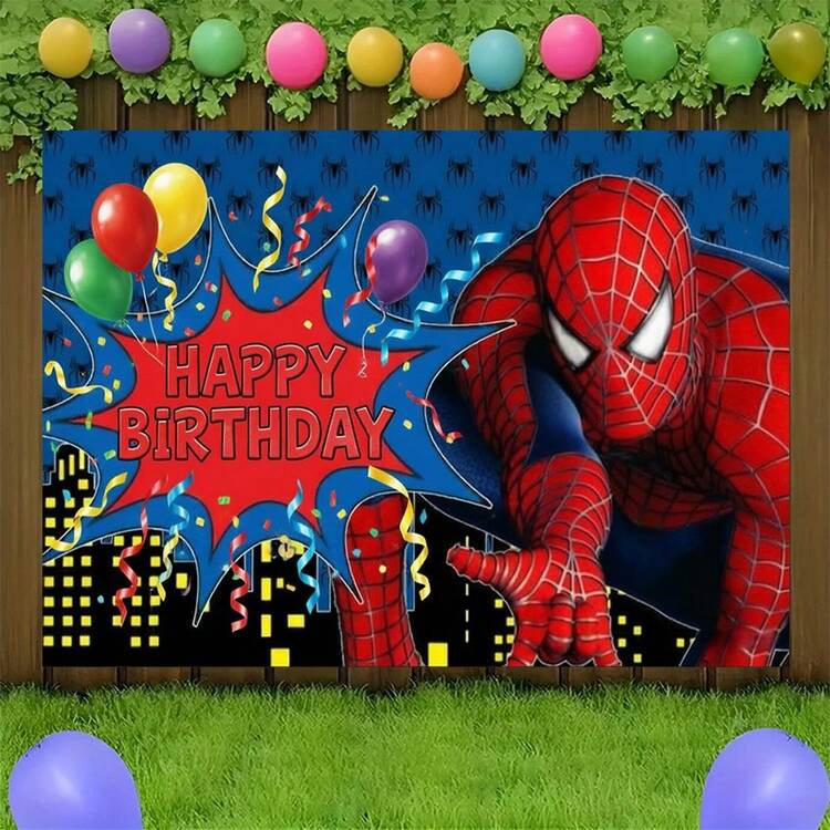1pc Spider-Man Happy Birthday Backdrop Marvel Superhero Boy Party Decoration Cartoon Photography Background Indoor Holiday Gathering Scene Layout Cake Table Wall Tapestry Anime Fan Birthday Party Props Wall Hanging Decor - 多色 - 查看 6